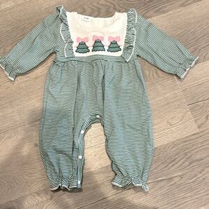 Striped Baby Romper with Christmas Tree Details